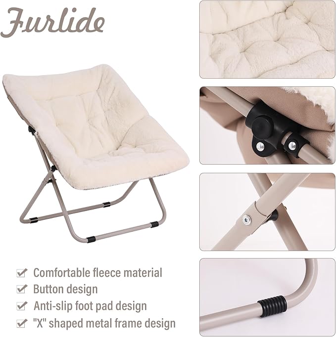 Saucer Chair with Ottoman, Oversized Dorm Chairs, X-Large Faux Fur Folding Chair, Foldable Metal Frame Chair for Bedroom, Living Room (Beige)