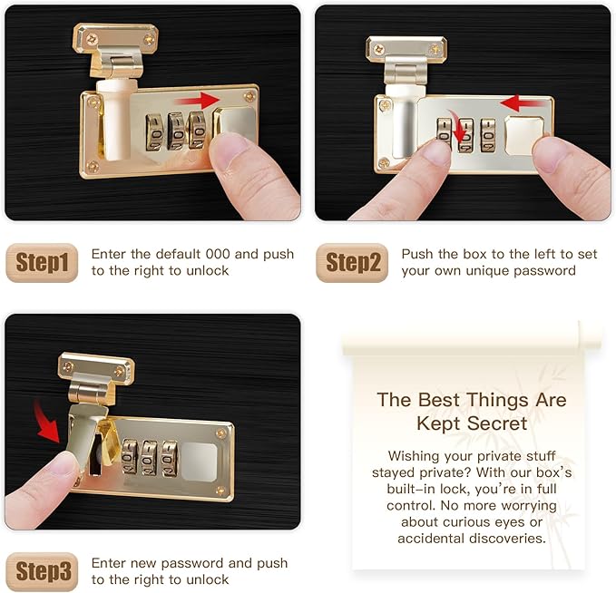 Large bamboo box, locked storage decorative box with combination lock, wooden lock box with lid, wooden locked storage box with removable tray and jars(Black&White)