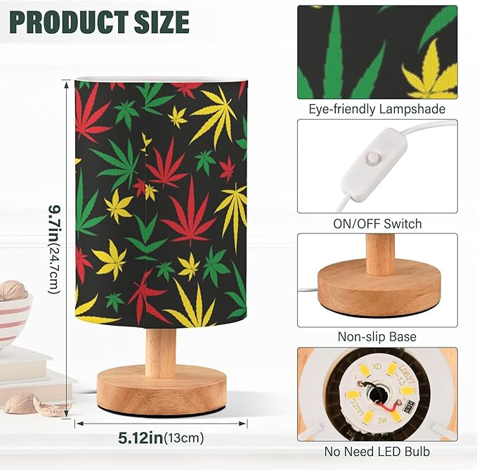 Table Lamp Multicolor Marijuana Cannabis Hemp Leaf Red Yellow Green Color Nightstand Lamp with Wood Base Fabric Lamp Shade Bedside Desk Lamp for Living Room Bedroom Kids Room Office