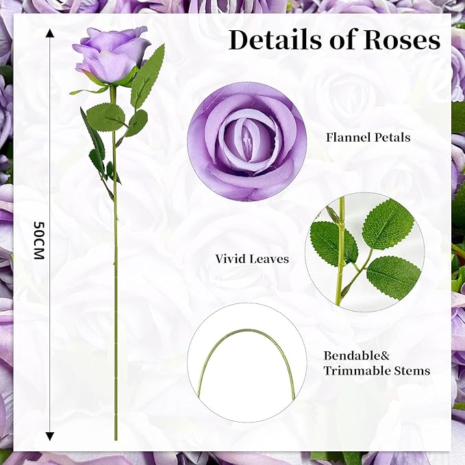 10 PCS Artificial Roses with Long Stems Silk Flowers Realistic Foam Flowers Fake Roses for Valentine's Day Home Wedding Halloween Decor(Light Purple)