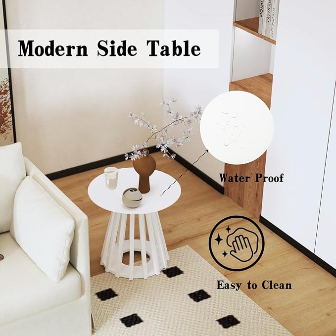 DUOMAY Modern Solid Round Side Table with Geometric Base, Natural Wood Accent End Table Center Table for Living Room, Bedroom, Lounge, Office, White Color