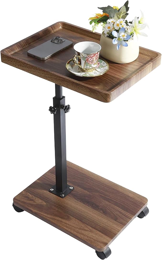 YYW Adjustable C Shaped End Table with Wheels - 360° Swivel TV Tray Table for Sofa/Bed/Bathtub, Slide Under Couch, Height Adjustable (17.7-31.5 Inches),Living Room, Bedroom, Study (Walnut Color)