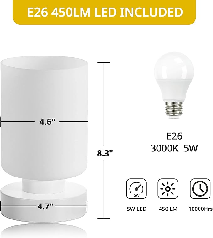 Cordless Bedside Lamp, Portable Rechargeable Table Lamps for Bedroom for Night Stands, Touch Stepless Dimmable Desk Lamp, Warm LED Bulb, Cylindrical Shape, 1 Set, White