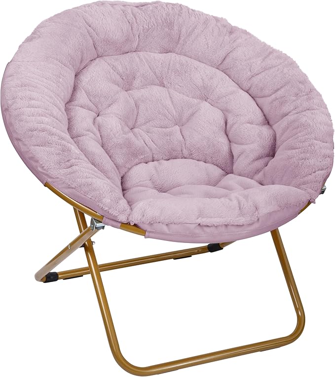 EMMA + OLIVER Ersa Oversize Folding Saucer Chair - Dusty Purple Faux Fur Moon Chair - Soft Gold Metal Frame - 38" Portable Folding Chair - for Dorm and Bedroom