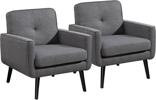 Accent Chair Set of 2, Fabric Modern Chair with Wooden Frame, Cozy Armchair Reading Chair with Comfy Back for Apartment, Living Room, Bedroom, Waiting Room, Small Space, Corner, Grey