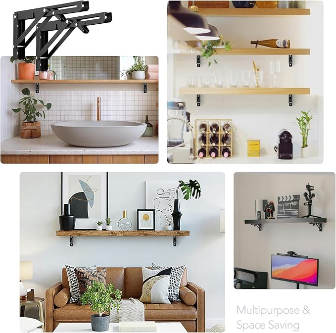 JOY DECOR 12 Inch Heavy Duty Folding Shelf Brackets, 4 Pack (2 Pairs) Collapsible Wall Mounted Brackets for Fold Down Table, Stainless Steel Folding Table Hinge, Matte Black