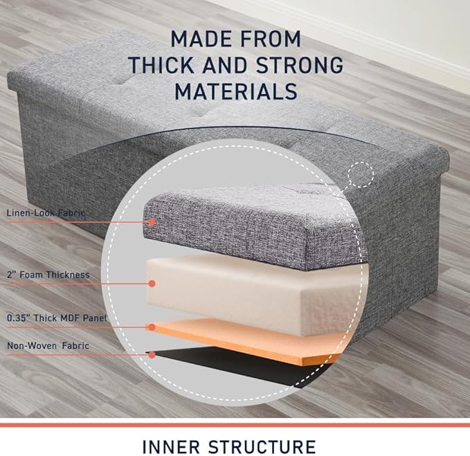 Ornavo Home 43 Inch Folding Storage Ottoman, Long Large Storage Ottoman Chest, Foot Rest Stool, Bedroom Bench - (Gray)