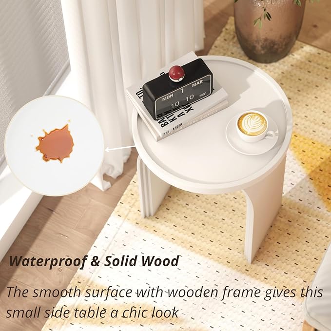 Round Side Table, Modern White Wood End Table with Sturdy Base, Small Drink Table for Living Room, Bedroom and Small Spaces