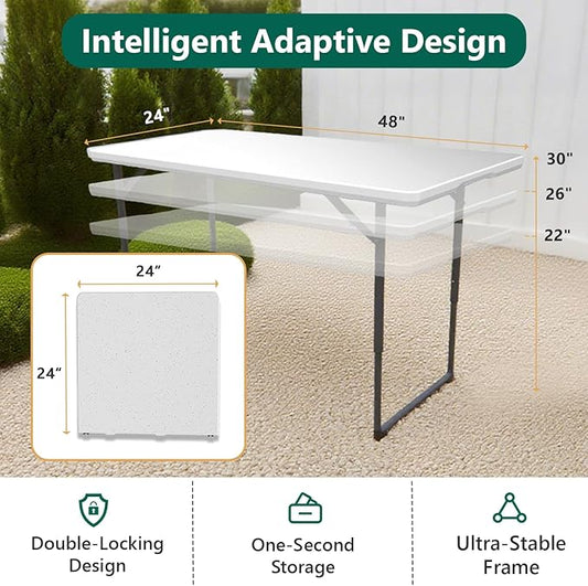 4ft Folding Table with Adjustable Height, Heavy Duty Fold-in-Half Plastic Table with Steel Legs, Portable for Indoor, Outdoor, Picnic, Camping, Dining, Party, White
