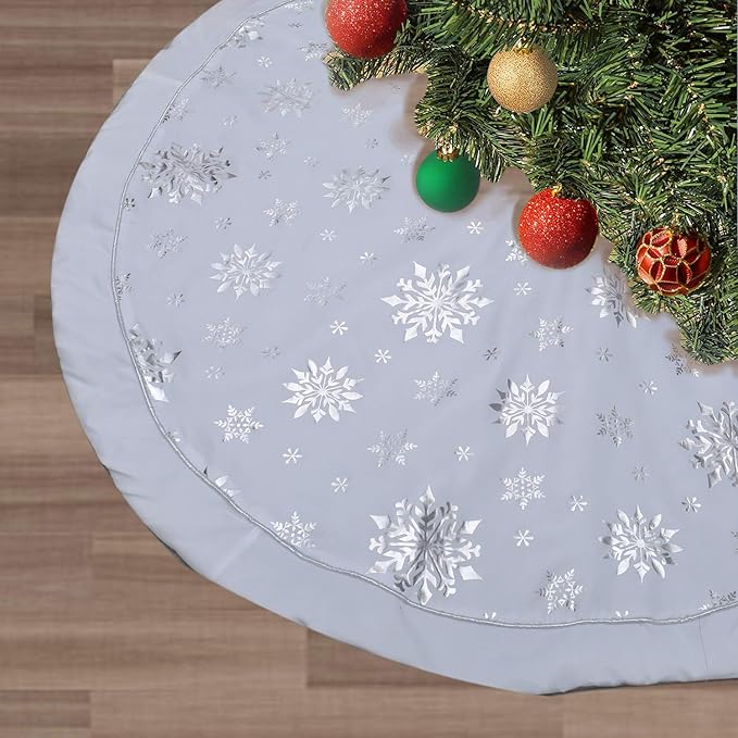 Flash World 48 Inch Large Christmas Tree Skirt Xmas Soft Cover Mat Decor Snowflake Collar Farmhouse Tree Skirt for Holiday Ornaments Party Home Indoor Decorations (White—Three Cotton Layer, 48INCH)