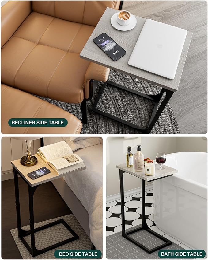 C-Shaped Side Table for Couch - Small Coffee Stand Sofa Tray Desk with Metal Frame and Waterproof Scratch Resistant, Modern End Accent for Living Room, Bedroom, Small Spaces, Greige
