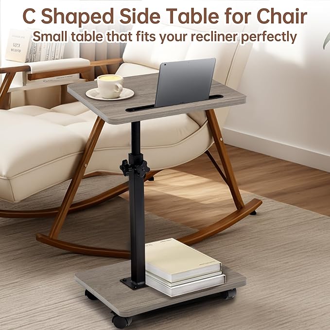 Aoligrace C Table End Table Adjustable Height, 360°Swivel TV Tray Table with Wheels, Small Side Table for Couch C Shaped End Table for Living Room Bedroom Small Spaces (Grey)