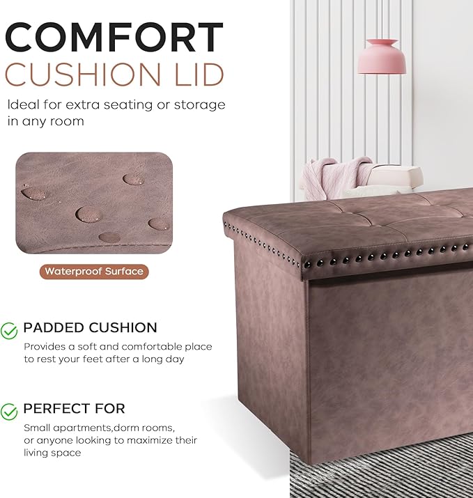 30 Inches Storage Ottoman Bench, Foldable Foot Rest with Rivet Design, 15 x 30 x 15 Inches, End of Bed Bench Footstool, Storage Chest, Load up to 330 lb, for Living Room, Bedroom, Entryway, Oak Brown