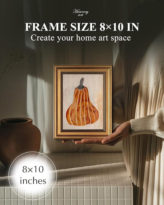 HUARCEY Gold Framed Vintage Wall Art for Living Room, Pumpkin Painting Prints Shelf Decor for Kitchen, Aesthetic Bedroom Wall Art, Autumn Gifts for Friends or Family - Japandi Pumpkin 10L x 8W