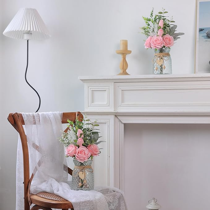 Faux Flowers with Vase,Artificial Silk Roses in Vase, Fake Plant Eucalyptus Flower Arrangement for Home Office Farmhouse Bathroom Dining Table Centerpiece Decorations Coffee Table Decor (Pink)