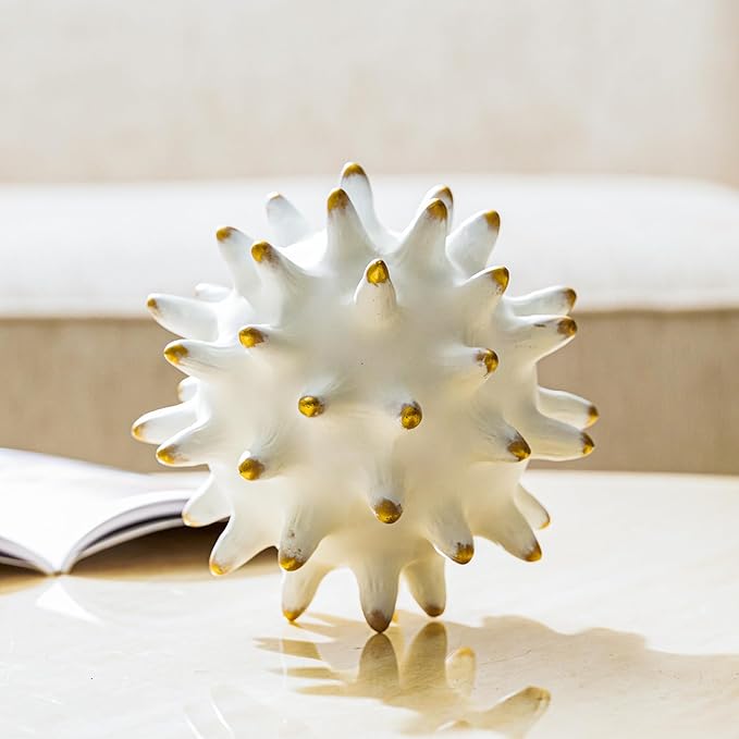 8” White Decorative Balls Sphere Statue for Modern Home Accent Decor Coffee Table Bookshelf Beach Office Living Room, Sea Urchin Spike Ball Decoration, Abstract Sculpture Centerpiece (Resin/Gold Tips)