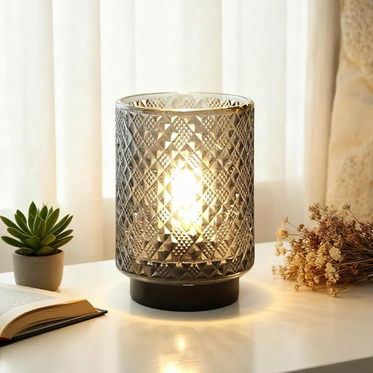 Battery Operated Lamp with Timer, Decorative Small Table Lamp, Glass Cordless Lamps Bedside Lamp for Living Room, Office, Bedroom, Entryway Diamond Design-Grey