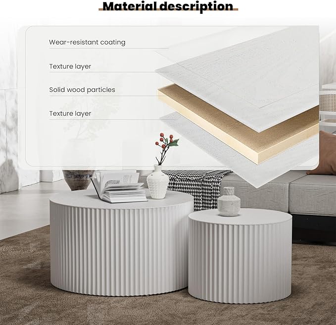 Round Nesting Coffee Table Set of 2 Handcraft Circle Fluted Nesting Coffee Tables Circular Side Table Drum Accent End Tables for Living Room Bedroom (White A Small)