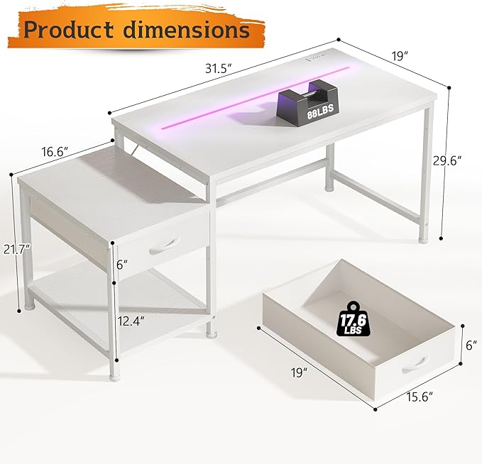 Computer Desk with Printer Shelf & Storage Shelves,48.1 Inch Gaming Desk with LED Lights & Power Outlet,Office Desk with Headphone Hook,Reversible Corner Desk for Small Space,White