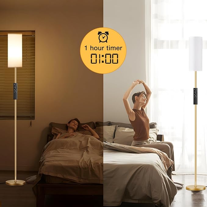 Ambimall 64'' Floor Lamps for Living Room with Remote Control and Stepless Dimmable Colors Temperature & Brightness, 9W Bulb Included(White Lampshade & Gold Pole)
