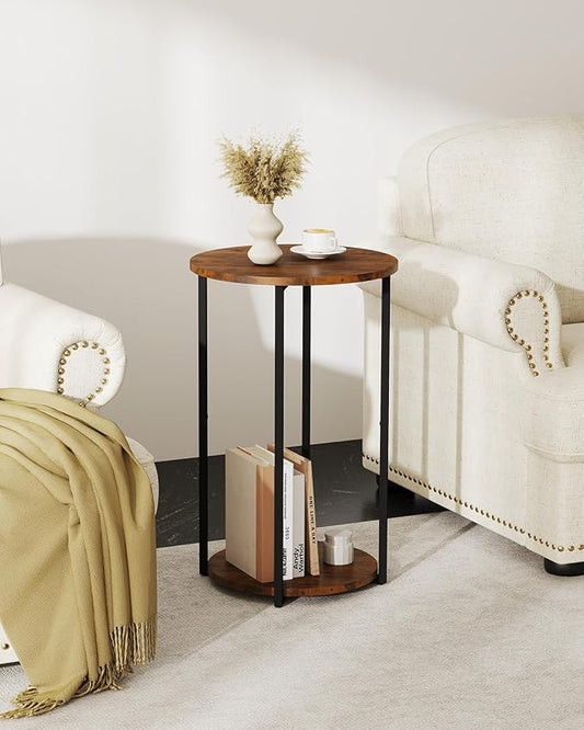 Round Side Table, Small End Table with Storage Shelf, Accent Table for Living Room, Bedroom and Small Spaces, Metal Frame, Rustic Brown & Black, 15.75" Dia x 25.4" H