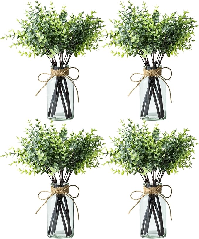 14" Artificial Eucalyptus Stems in Glass Vase, Fake Plants Faux Eucalyptus Branches Greenery Stems for Home Decor Farmhouse Wedding Table Decoration (4)