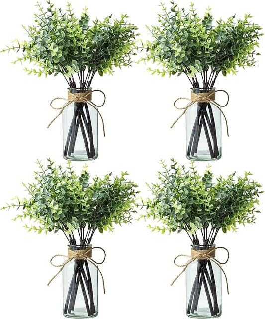 14" Artificial Eucalyptus Stems in Glass Vase, Fake Plants Faux Eucalyptus Branches Greenery Stems for Home Decor Farmhouse Wedding Table Decoration (4)