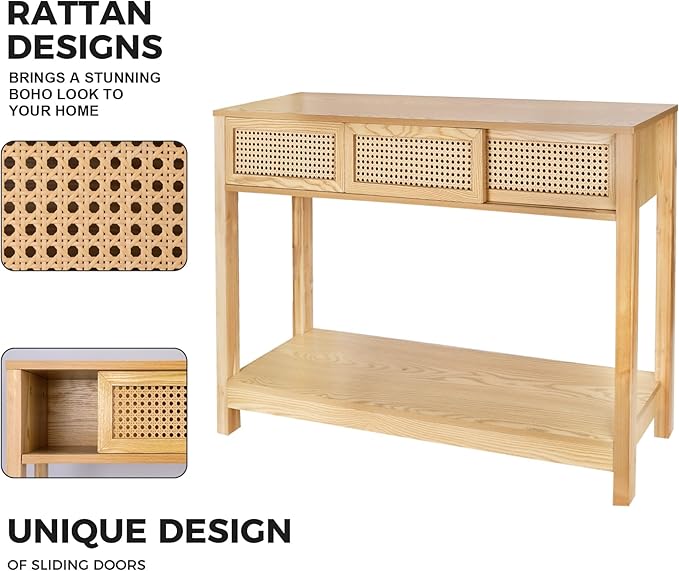 ZYBT Long Console Table, Console Tables for Entryway, Modern Narrow Wood Rattan Entryway Couch Hallway Boho Sofa Table with Storage Drawers for Living Room