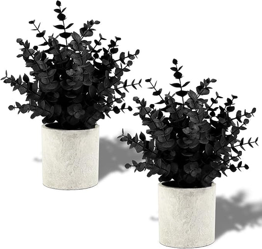 2 Pack Black Fake Eucalyptus Small Fake Plants Potted Artificial Plants for Halloween Decorations Shelf Desk Home Farmhouse Room Coffee Table Bathroom Decor(Black)
