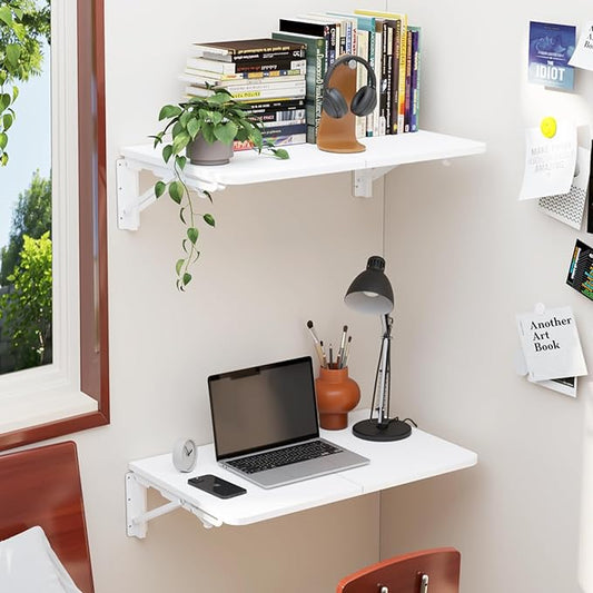 TEAMIX Wall Mounted Folding Table, White Floating Desk for Small Spaces Laundry Shelf with Heavy Duty Brackets Floating Desk for Garage, Utility Room, Kitchen, Laundry Room