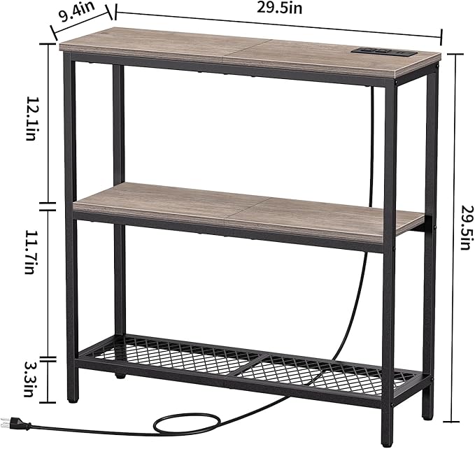 Snughome Console Table with Power Outlets, Entryway Table with Storage, Narrow Sofa Table with 3 Tier Shelves, 2 USB Ports, 2 Power Outlets, Hallway Table for Couch, Living Room, Entrance, Grey