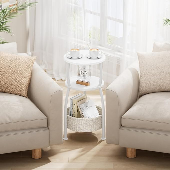Small Round Side Table for Living Room with Storage Basket –Small Space Saving End Table 3-Tier Nightstand Couch Corner Stand Bedroom, Garden and More 24in Tall Matte White
