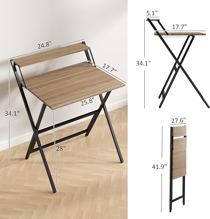 HOMCOM Small Folding Desk, 27.6 Inch Foldable Computer Desk with Monitor Shelf, Space Saving Portable Writing Table for Small Spaces, Home Office, Study, Easy Assembly, Walnut