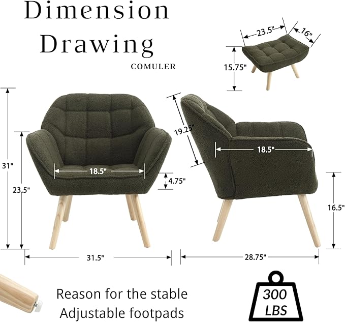 Green Sherpa Accent Chair with Ottoman ，Modern Reading Chair with Ottoman Set, Comfy Fuzzy Armchair Living Room Chair Lounge Chair with Wood Legs for Small Spaces Bedroom Apartment