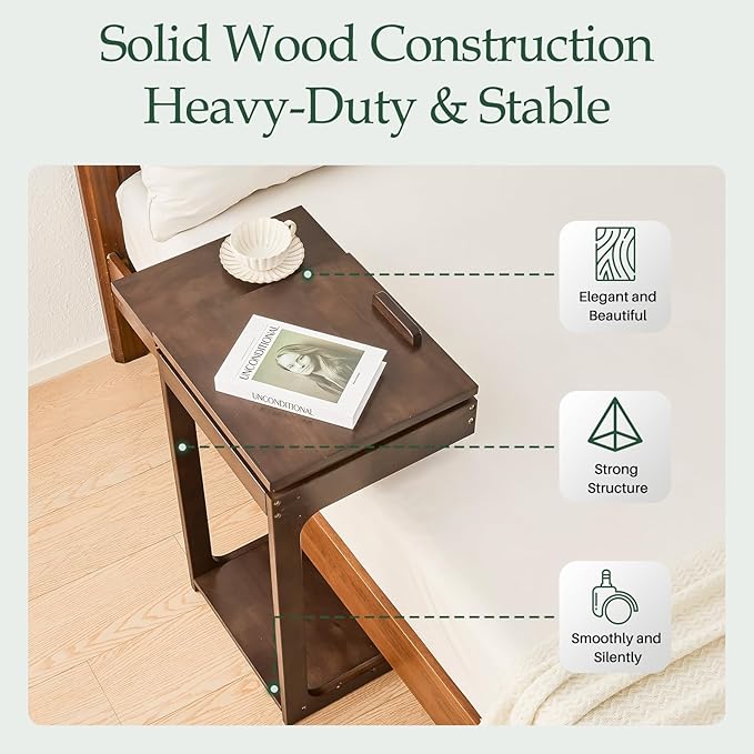 Wood Side Table for Couch - C Shaped Rolling End Table with Wheels, Wooden Modern Tv Tray Bedside Tables Nightstand for Sofa Armchair Living Room Bedroom, Black Walnut, 15.7 in x 15.7 in x 29.5 in