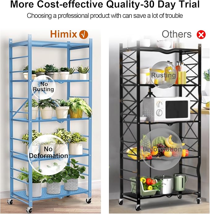 Storage Shelves with 20 Hooks, 5-Tier Foldable Shelf for Storage, Folding Shelf Unit Pantry Shelves with Wheels, Standing Shelving Unit for Kitchen Garage Home Office Room Greenhouse, Blue