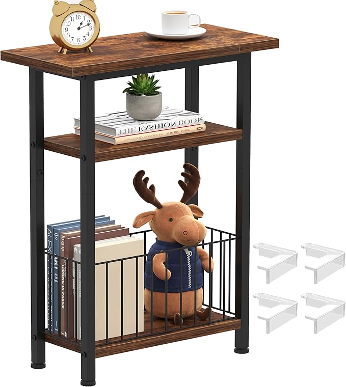Heybly Small Narrow Side Table for Small Space, Thin Bedside Table with Storage Basket, Skinny End Table, 25.2" Tall Nightstand, Couch Table for Living Room, Bedroom, Study, Rustic Brown, HET004SR1
