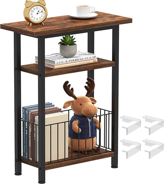 Heybly Small Narrow Side Table for Small Space, Thin Bedside Table with Storage Basket, Skinny End Table, 25.2" Tall Nightstand, Couch Table for Living Room, Bedroom, Study, Rustic Brown, HET004SR1