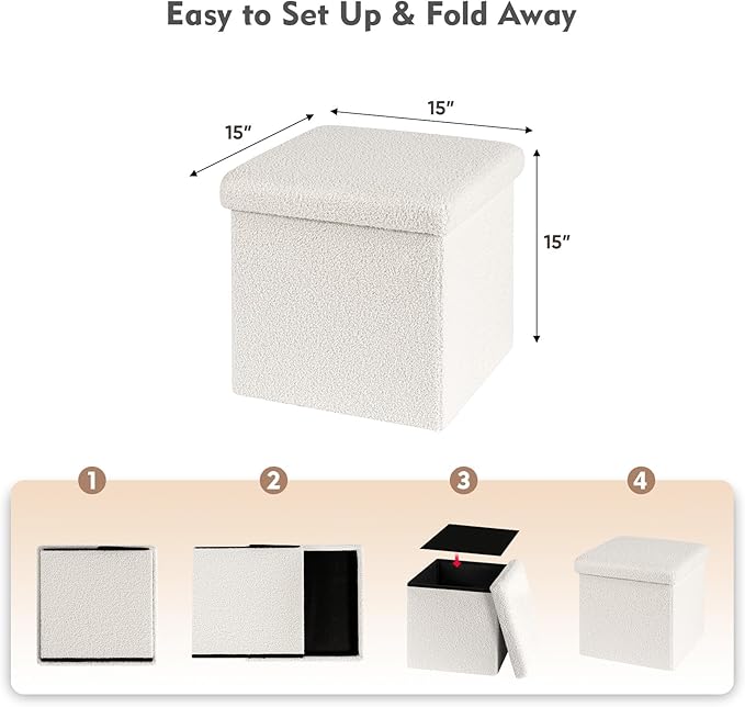 B FSOBEIIALEO Small Storage Ottoman Cube Sherpa Ottomans Foot Rest, Foldable Boucle Ottoman, Faux Teddy Fur, Cream White 15"x15"x15"