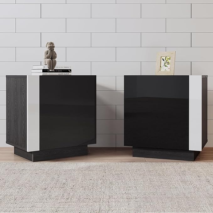 AMERLIFE 2PCS Entertainment Center Side Table Set with Storage, Modern High Gloss End Tables with 2 Cabinet Doors, for Living Room/Bedroom/Office