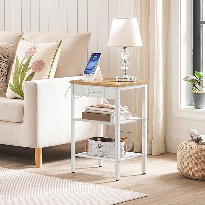 HOOBRO Side Table with Charging Station and USB Ports, Small End Table for Small Space, 3-Tier Nightstand with Adjustable Shelf, for Living Room, Bedroom and Balcony, Natural and White WN112BZ01