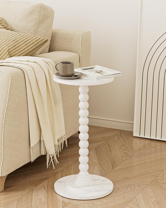 Masupu Round Side Table, Small Drink Table for Small Spaces, Pedestal End Table with Solid Wood Leg for Living Room, Bedroom, Corners(Marble White)
