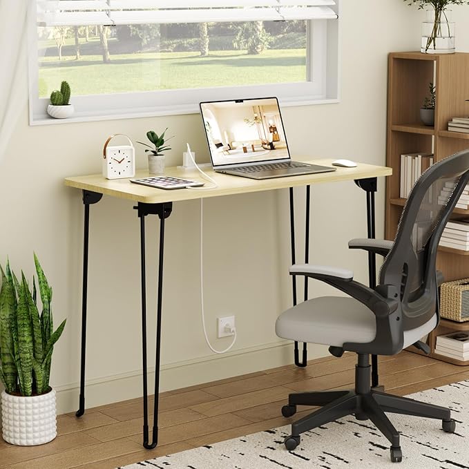 Folding Desk, 31.5" Hairpin Legs Small Desk with Power Strip for Bedroom, Space Saving Foldable Computer Desk for Home Office, No Assembly Need,Beige
