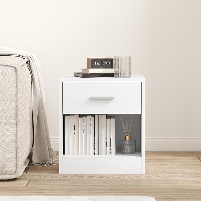 HOMCOM Modern Side Table, Accent Table with Drawer and Storage Shelf, End Table for Living Room, White Wood Grain