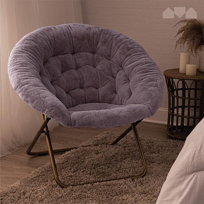 Milliard Saucer Chair For Adults, Teens & Kids, Purple, Faux Fur XL Circle Chair for Bedroom, Dorm & Gaming, Foldable Comfy Accent Seat for Small Spaces, Folding Moon / Mushroom / Round Style