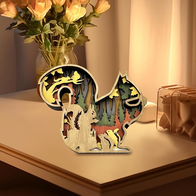 3D Wooden Carving Animals Lamp - Creative Fox Squirrel Wood Carved LED Night Light Garden Yard Wooden Animals Sculpture Ornaments Desktop Home Decor Birthday Gifts for Family Friend (Squirrel)