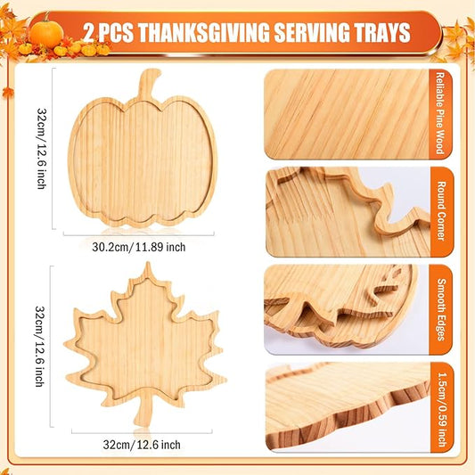 FOBSME 2 Pcs Thanksgiving Wooden Serving Platters Pumpkin and Maple Leaf Charcuterie Boards Fall Wood Serving Trays Decorative Wood Snack Dish Plates for Autumn Harvest Holiday Housewarming Presents