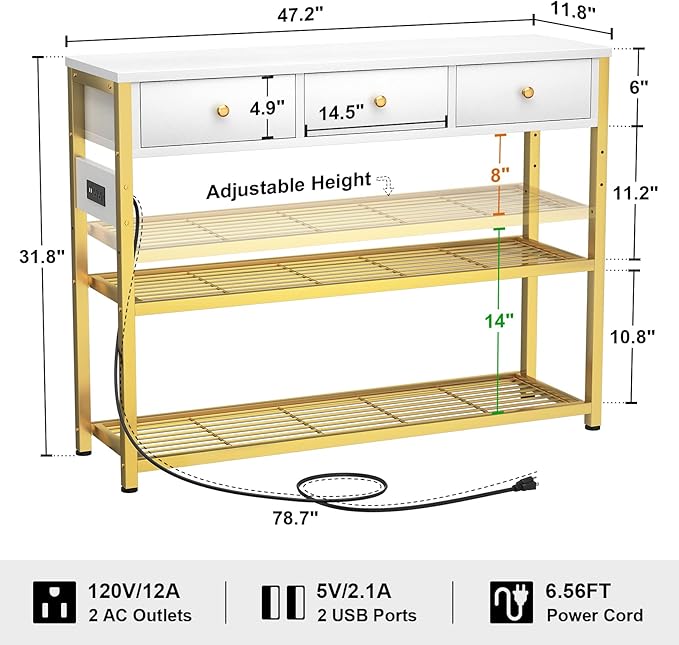 Ecoprsio 47'' Entryway Table with Outlets and USB Ports, Console Table with 3 Drawers, Sofa Table Narrow Long with Storage Shelves for Living Room, Couch, Hallway, Foyer, White and Golden