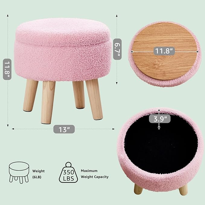 Mxfurhawa Versatile Storage Ottoman, Round Footstool with Soft Padded Seat, Small End Table with 4 Wood Legs, Teddy Velvet Foot Rest for Couch,Shoe Changing Stool for Living Room (Pink)