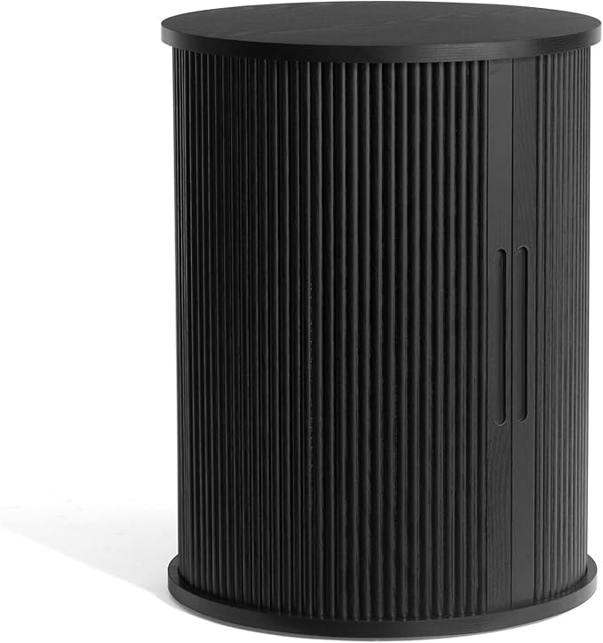 LINSY HOME Round Fluted End Table, Tall Side Table with Sliding Tambour Door and Storage Shelf, Mid Century Modern Nightstand for Living Room, Bedroom, Black